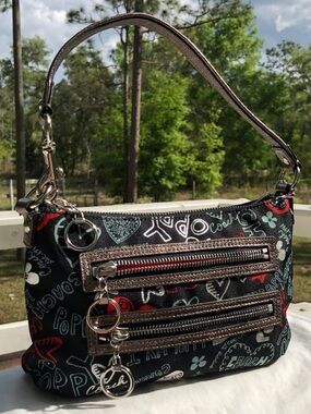 New!Coach Poppy Black Graffiti Print Zip-Front Small Bag